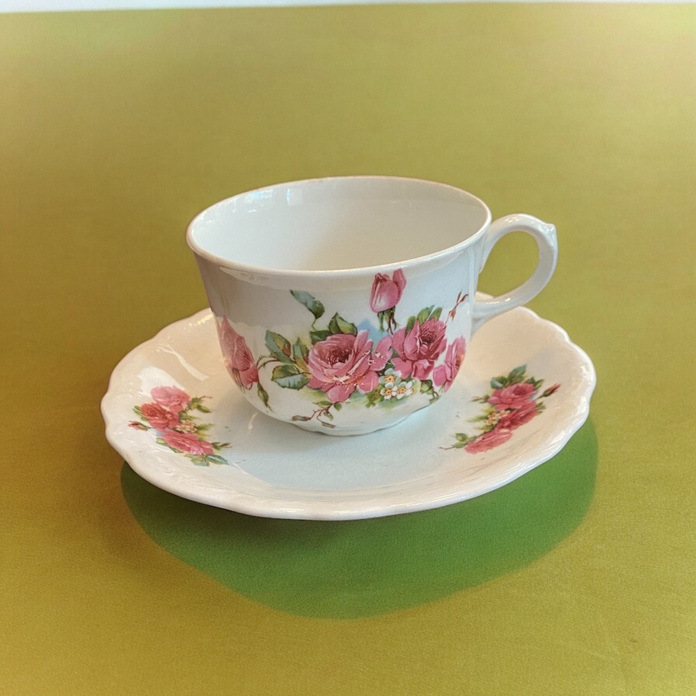 Antique Homer Laughlin Hudson Teacup & Saucer Set - Pink Rose